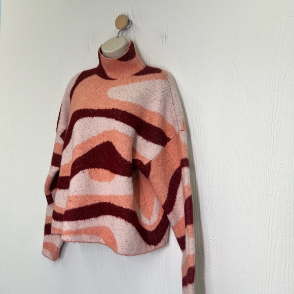 Zara - Pink Burgundy Jacquard Wave Mock Neck Long Sleeve Sweater Size Small - Picture 5 of 9
